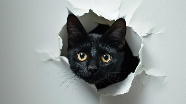 Black cat poking head out of a hole in the paper wall , white background