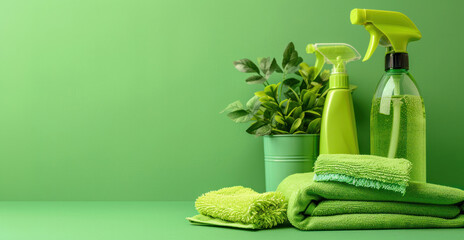 Eco-Friendly Cleaning Supplies on a Vibrant Green Background - obrazy, fototapety, plakaty