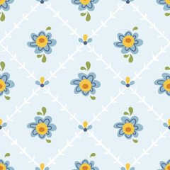 Folk hygge floral seamless pattern - flowers and leaves on light blue background, scandinavian cozy style, ethnic botanical repeating motives for wrapping, textile, digital or scrapbook paper