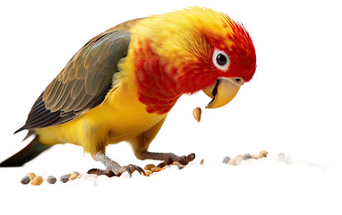 Fototapeta premium Witness the Feathery Grace of a Parrot Relishing a Seed Extravaganza on a White or Clear Surface PNG Transparent Background.