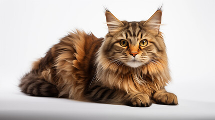 Sitting long haired cat looking aside. Full body portrait on transparent background.