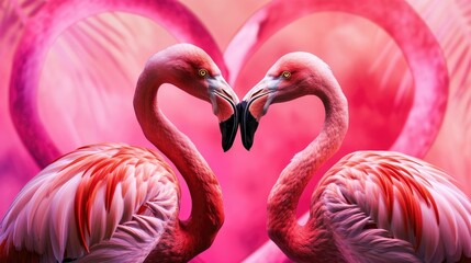 Two flamingos face each other against a heart-shaped background, creating a romantic Valentine's Day scene, Ai Generated.