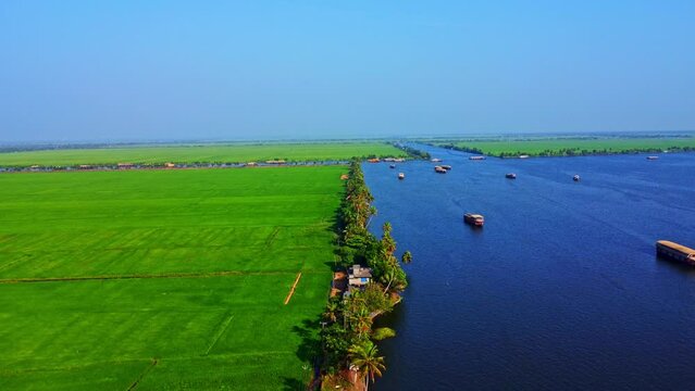 Aerial shot of Houseboats on Kerala backwaters, in Alleppey, Kerala, India
