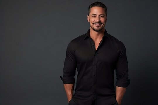 Portrait of a handsome man in a black shirt on a dark background