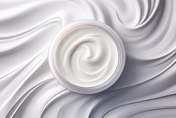 A skincare cosmetics cream jar product displayed against a textured background, featuring ample copy space.
