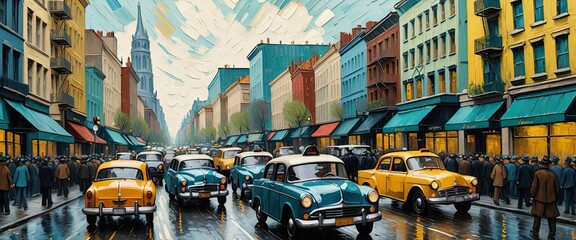 a painting about the hustle and bustle of an urban city full of vehicles and traffic - obrazy, fototapety, plakaty