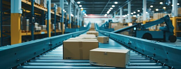 An automated logistics concept illustrated by a conveyor belt in a distribution warehouse, with rows of cardboard box packages for e-commerce delivery. - obrazy, fototapety, plakaty