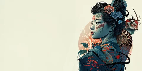 Foto op Aluminium Artistic illustration of a Japanese woman with a dragon tattoo and floral hair adornments, evoking traditional culture © Sachin
