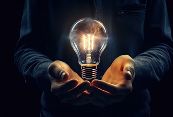 Bright idea symbolized by a businessman's hand holding a shining light bulb in the innovation concept.