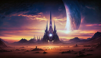 Alien landscape with a towering spire against a giant planet backdrop at dawn, embodying a surreal and futuristic world
