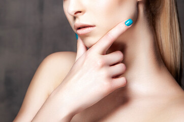 Obraz na płótnie Canvas Lips, neck and shoulder of beauty model girl. Natural nude make-up, clean skin