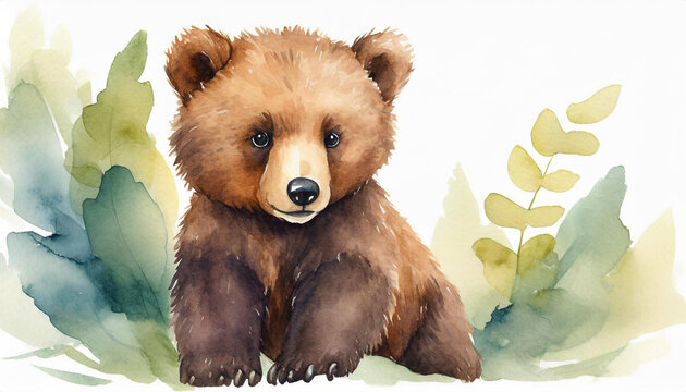 A flat illustration with a brown bear cub on a white background. The concept of wildlife, watercolor art