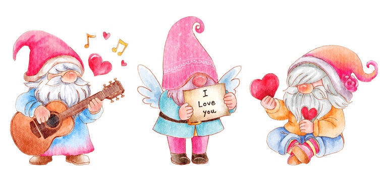 Gnomes with valentine's day costume . Set 9 of 13 . White isolate background . Illustration .