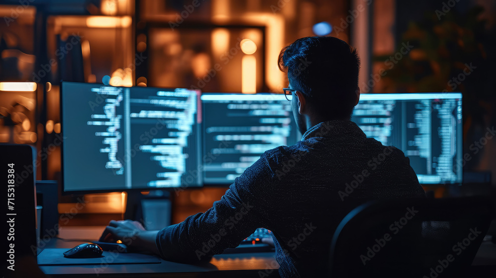 Fototapete A man sitting in front of the computer and write computer code. Generative AI.
