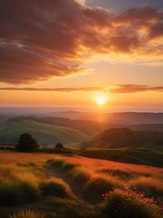 Beautiful scene of golden sunset casting a warm glow on serene rolling hills. Mountain landscape for wallpaper, template, artwork