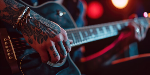 Guitarist playing on electric guitar. Close-up of male hands with tattoos playing on acoustic guitar. - obrazy, fototapety, plakaty
