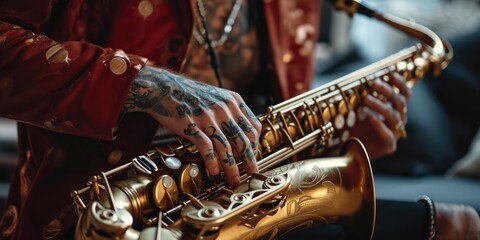 Сropped view of musician with tattoos playing saxophone on stage, closeup - obrazy, fototapety, plakaty