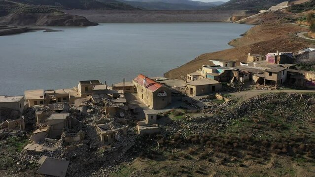 Sfentyli is an abandoned village which is sinking every winter when the dam of Aposelemi gets filled with water, Crete, Greece.