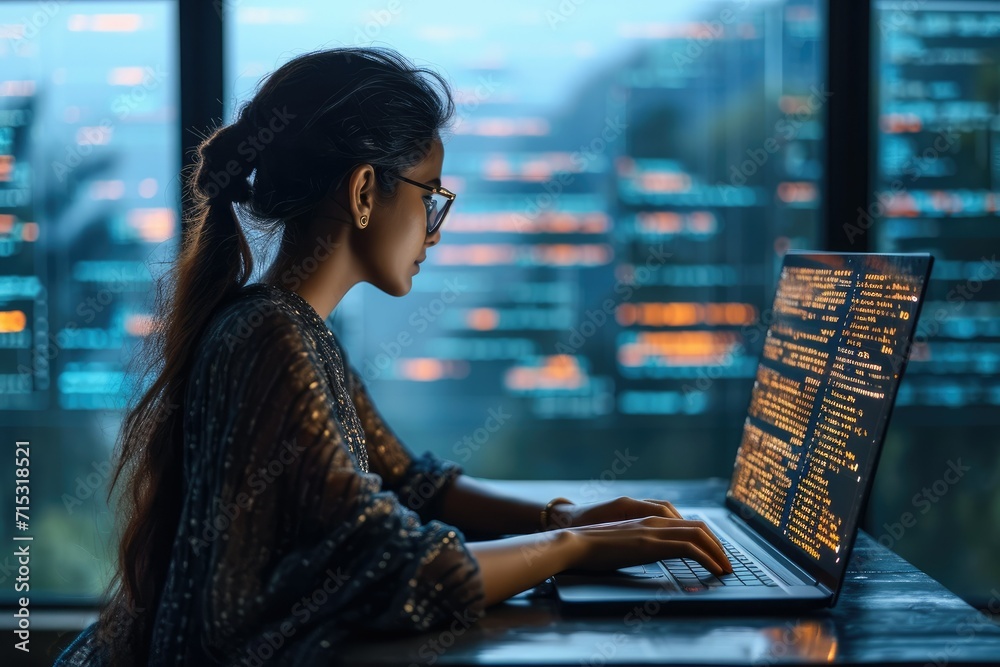 Poster Indian woman working as a software developer. Female developer with a laptop, lines of code on a computer screen blurred. Generative AI.