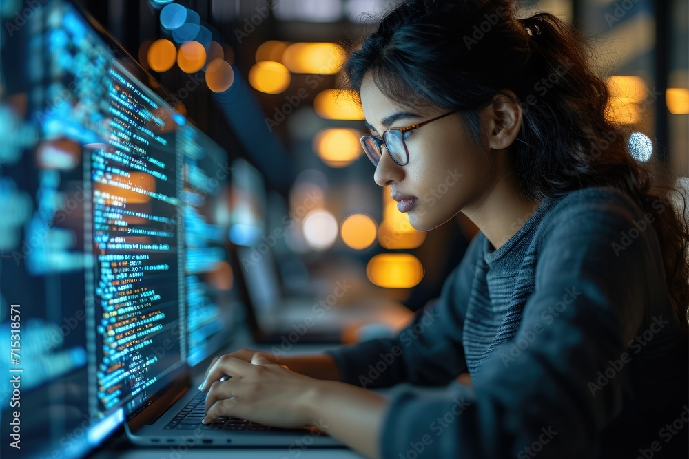 Poster Indian woman working as a software developer. Female developer with a laptop, lines of code on a computer screen blurred. Generative AI.