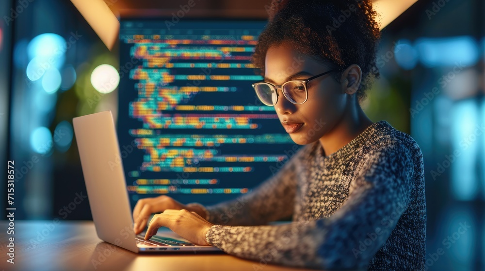 Aufkleber Software development concept. Coding programmer, software engineer working on her laptop with coding computer code on virtual screen. Generative AI.