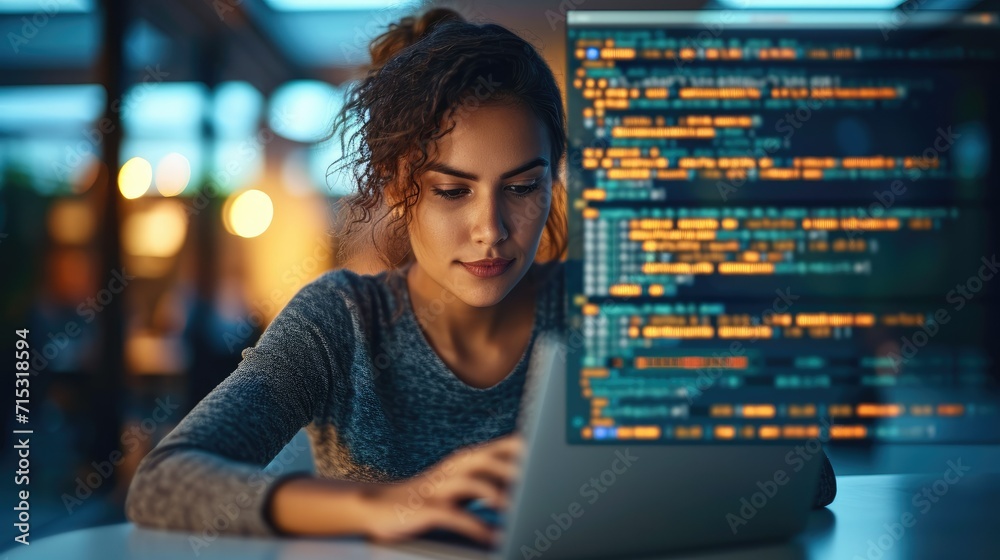 Poster Software development concept. Coding programmer, software engineer working on her laptop with coding computer code on virtual screen. Generative AI.