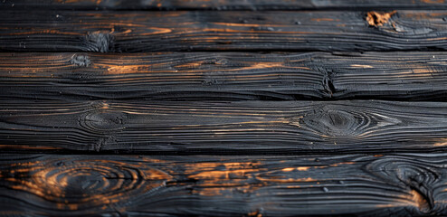 Naklejka premium Dark stained reclaimed wood surface with aged burnt boards lined up. Charred wooden floor planks with grain and texture. Generative AI.