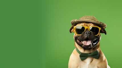 Sunglass-wearing boxer dog with a hat, sitting on a white background, showcasing a cute and funny portrait