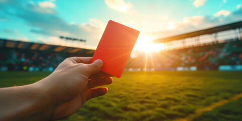 Football referee's hand holding red card on football field background with sun flare.