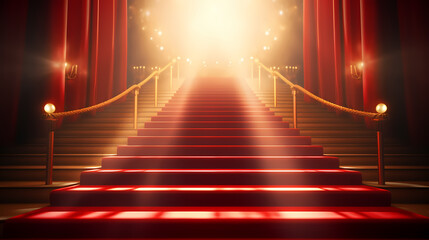 Red carpet staircase with smoke and spotlights, holiday awards ceremony event