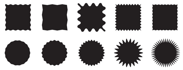 Zig zag edge square and circle shapes collection. Jagged patches set. Black graphic design elements for decoration, banner, poster, template, sticker, badge, collage. Vector