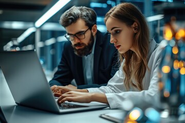 Two Female and Male IT professional Using Laptop Computer to Analyze and Discuss How to Proceed with the Artificial Intelligence Software in High Tech Research Office. Generative AI.