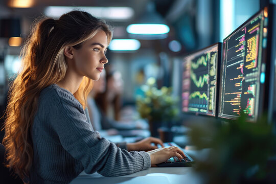 Female Software Engineer Writing Code on Desktop Computer with Multiple Screens Setup in Stylish Co working Office Space. Generative AI.