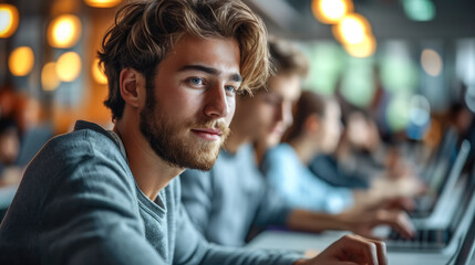 A man learning coding in a bright classroom with his classmates in blurred background. Generative AI.