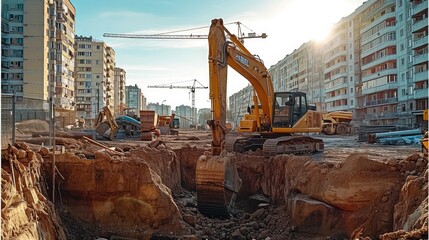 Excavators preparing for laying building foundation, construction site of real estate project. Generative AI.