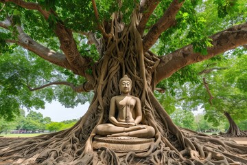 Ancient buddha statue under big tree.