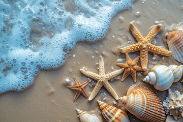 Fototapeta na wymiar Beach scene concept with sea shells and starfish.