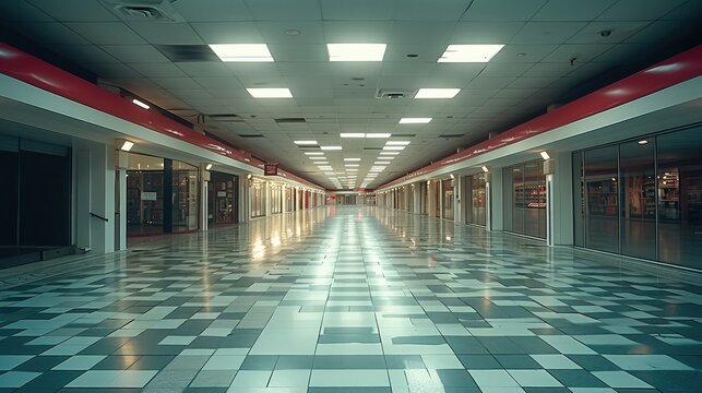 Liminal space at public store, empty, frightening. Generative AI.