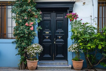 Fototapeta na wymiar Black front entrance door with floral decoration