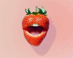 Strawberry with mouth. Pastel pink background. Conceptual food design. Copy space. Banner, card, wallpaper, advertising concept.