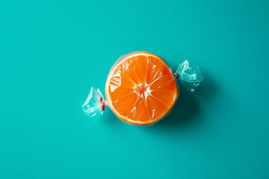 Slice of orange wrapped like candy on blue background. Summer fruit concept. Top view. Copy space