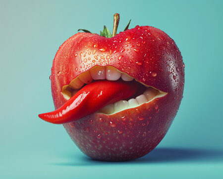 Apple shaped lips with peeking chilli pepper shaped tongue. Pastel blue background. Conceptual food design. 
