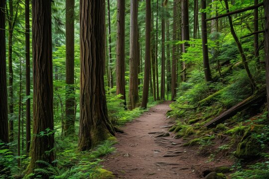 Trail through tall trees in a lush forest
