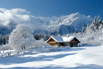 An idyllic mountain retreat covered in snow with a cozy cabin. Cozy house in a winter forest. AI generative