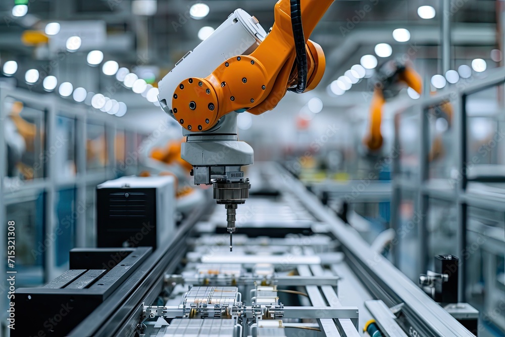 Fototapete Robotic arm for electronic assembly line. Smart modern factory automation using advanced machines.