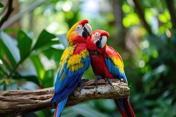 Tropical birds sitting on a tree branch in the rainforest. Colorful scarlet macaw parrots.