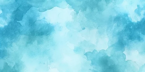 Fotobehang  Blue turquoise teal mint cyan white abstract watercolor. Colorful art background. Light pastel. Brush splash daub stain grunge. Like a dramatic sky with clouds. Or snow storm cold wind frost winter. © Nice Seven