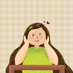 A cute girl having a lovely day smiling with her hands on the table with plait pattern background