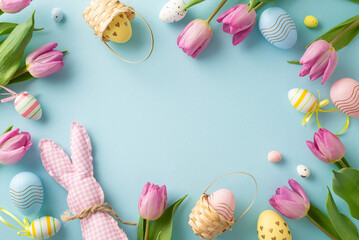 Bunny bliss: Top view of lively eggs, sweet bunny, and tulips nestled in tiny baskets on a serene pastel blue background. Perfect for conveying Easter joy or promoting springtime offers