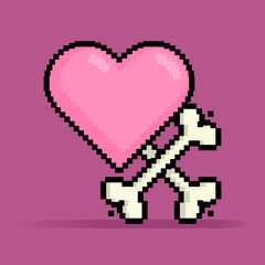 8 bit pixel illustration of heart or love symbol with cross shaped bones for toxic or damaged love. Can be used for sticker, t shirt, gift, dating invitation, poster, Valentine greeting